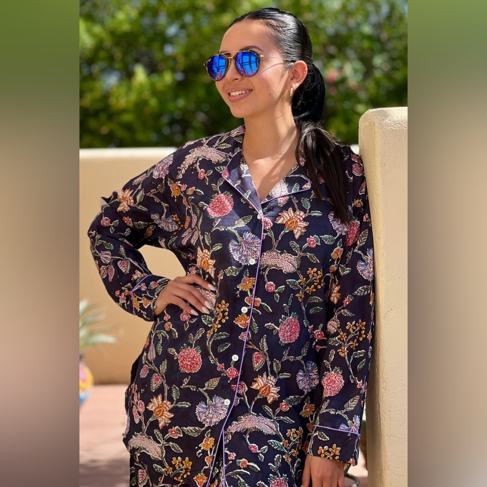 Pax Philomena Floral Cotton Pajama Shirt Blouse Boho Block Print India Medium